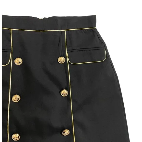 Beulah London Style Black Mini Skirt Gold Trim Gold Buttons SZ L NWT