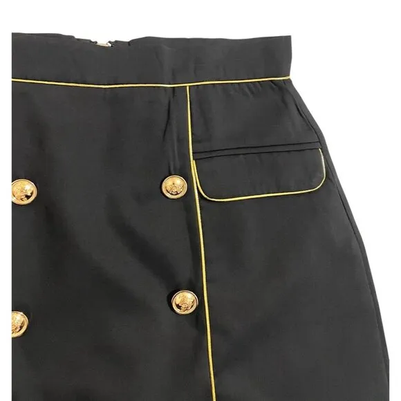 Beulah London Style Black Mini Skirt Gold Trim Gold Buttons SZ L NWT