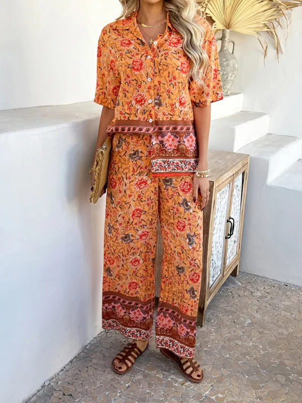 Bohemian holiday style short-sleeved long pants suit