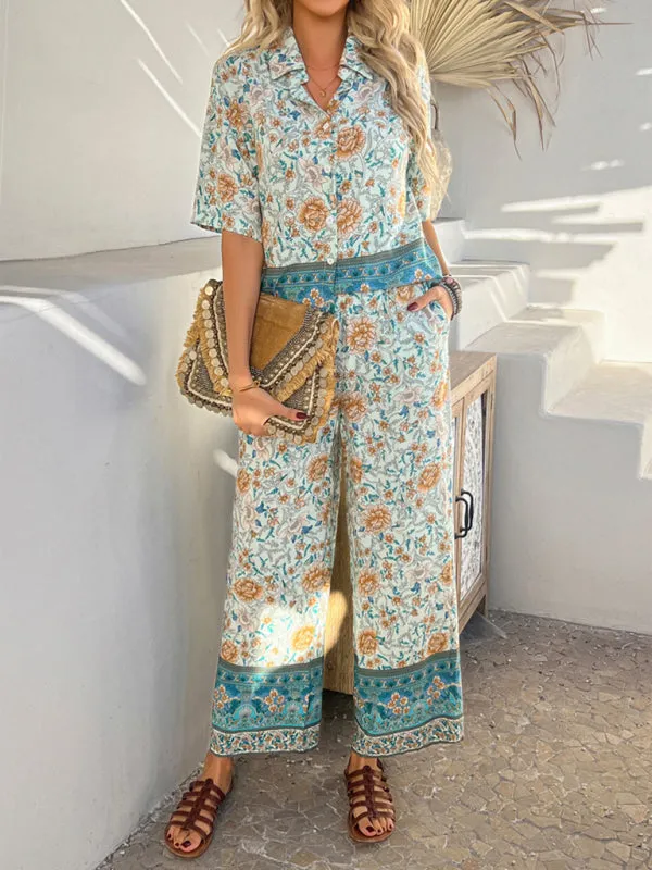 Bohemian holiday style short-sleeved long pants suit