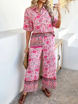 Bohemian holiday style short-sleeved long pants suit