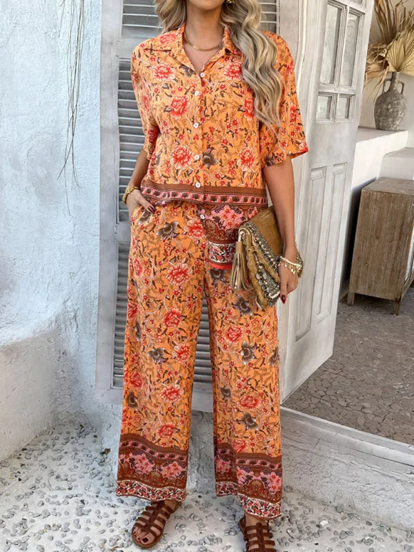 Bohemian holiday style short-sleeved long pants suit