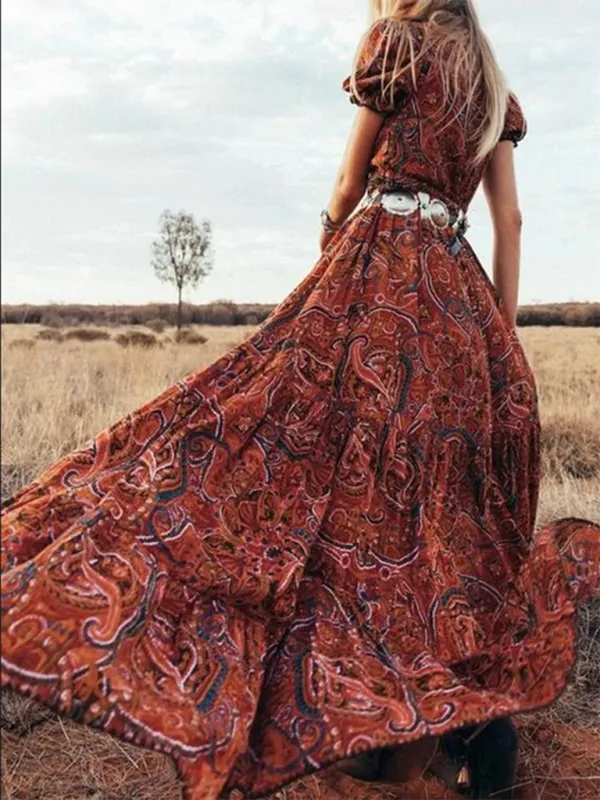 Bohemian Maxi Dress with Paisley Print and V-Neck