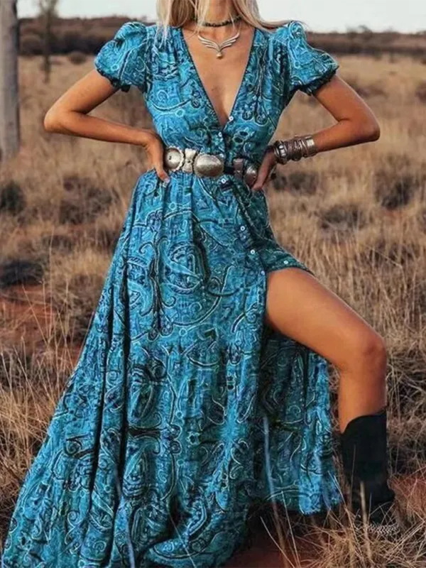 Bohemian Maxi Dress with Paisley Print and V-Neck
