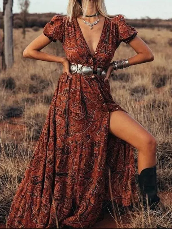 Bohemian Maxi Dress with Paisley Print and V-Neck