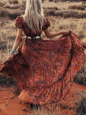 Bohemian Maxi Dress with Paisley Print and V-Neck