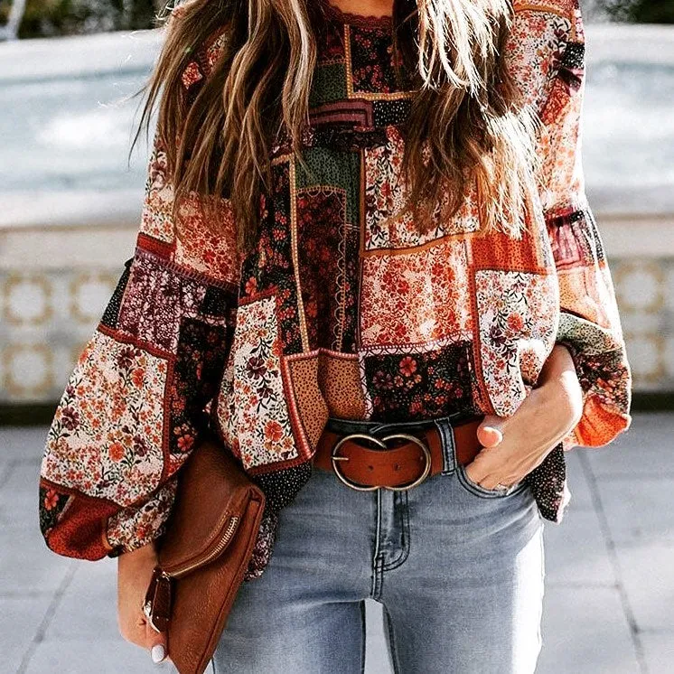 Bohemian Style Loose Long Sleeve Personalized Printed Shirt