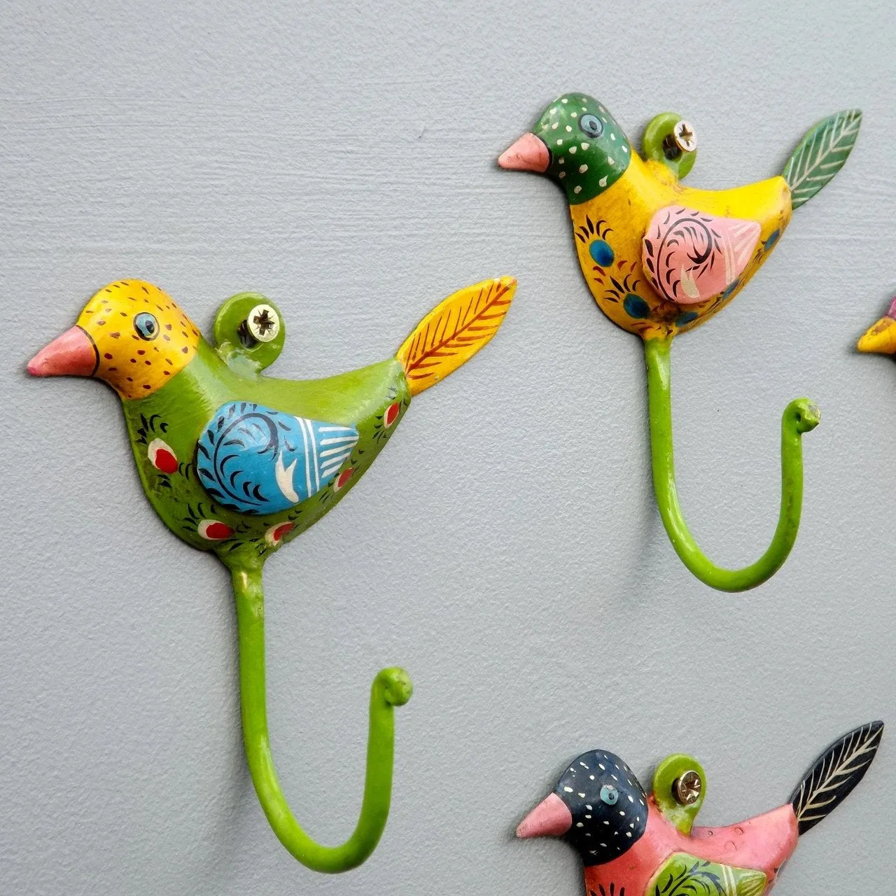Bright hand painted set of 5 Bird Coat Hooks