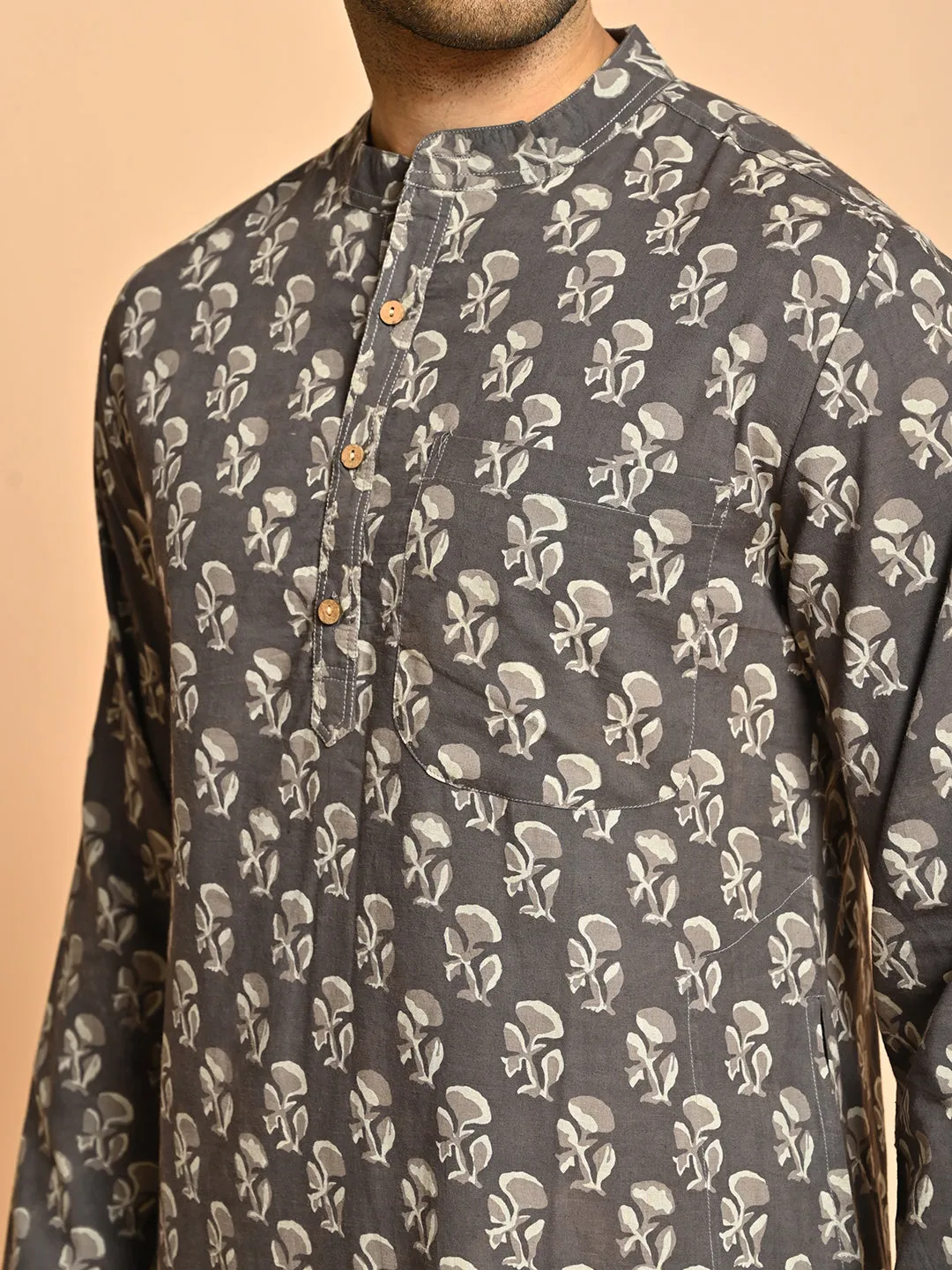 Brown Ethnic Motif Block Printed Cotton Kurta