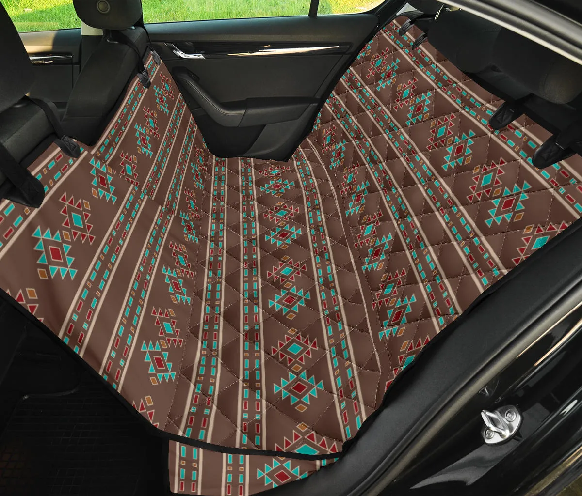 Brown, Turquoise and Cream Ethnic Tribal Pattern Dog Hammock Back Seat Cover For Pets