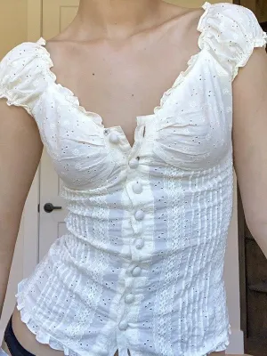Button Front Embroidered Lace Crop Blouse