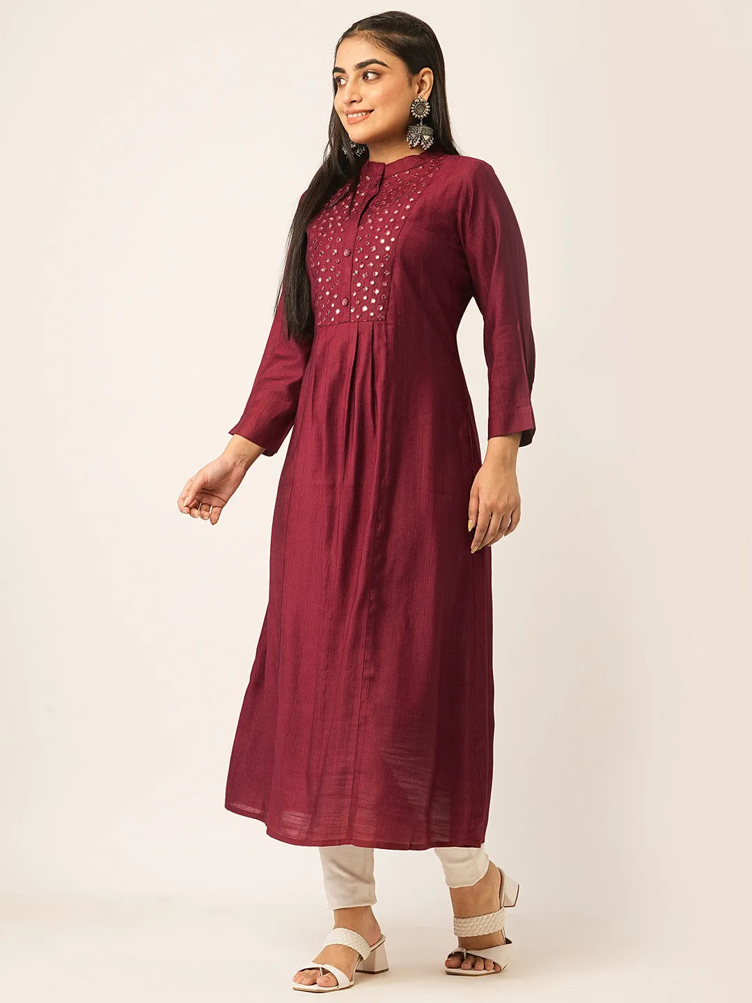 Buy Maroon Comfort Fit Rayon Kurta for women online India - Zola