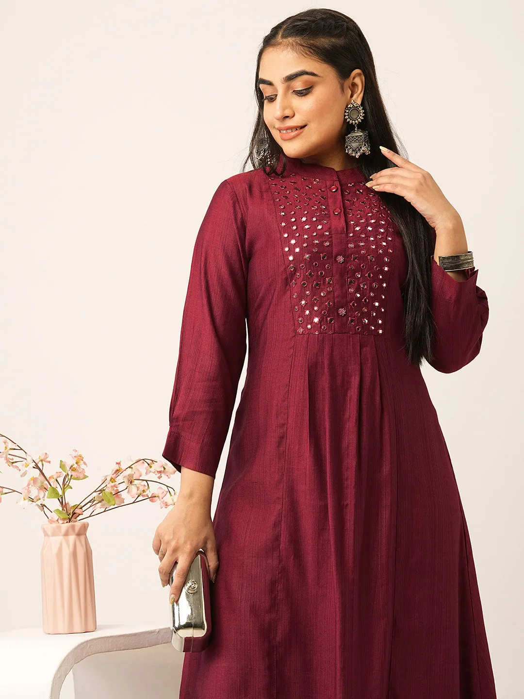 Buy Maroon Comfort Fit Rayon Kurta for women online India - Zola