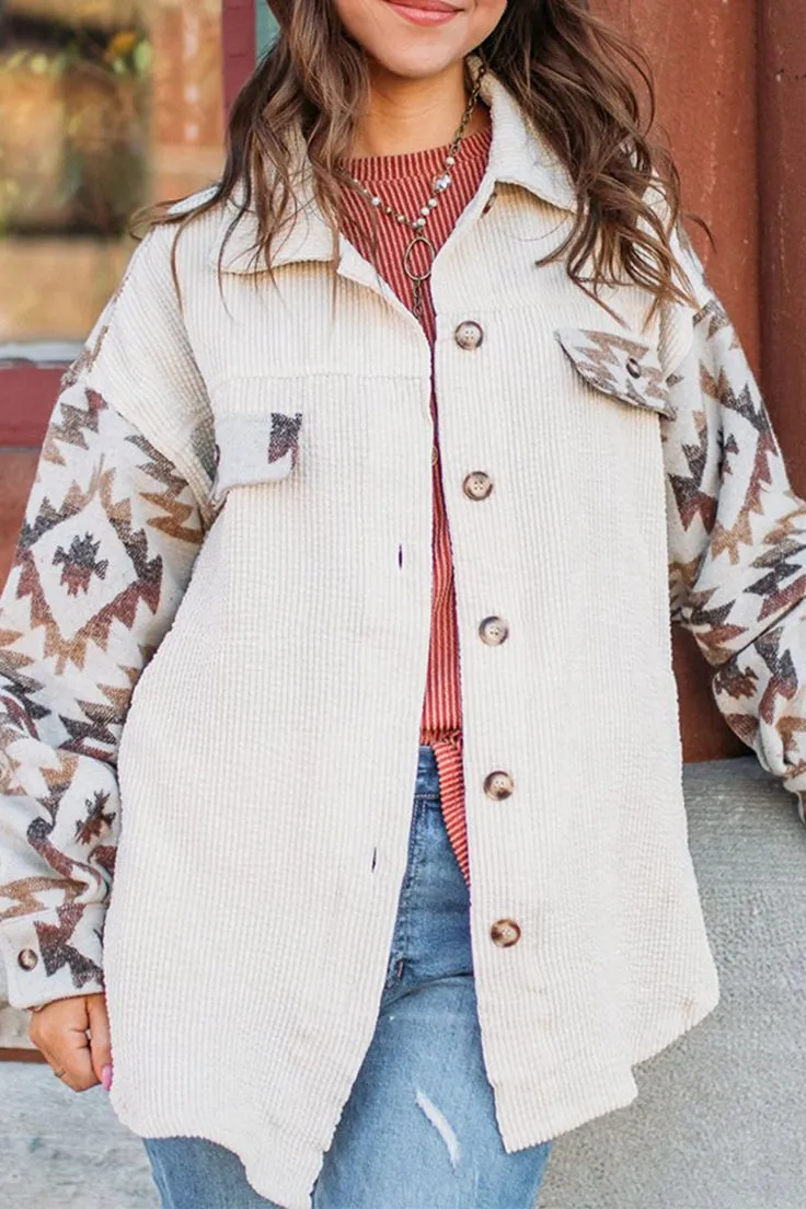 Cathy - Bohemian und Lässige Herbst Aztec Beige Cordjacke für Damen