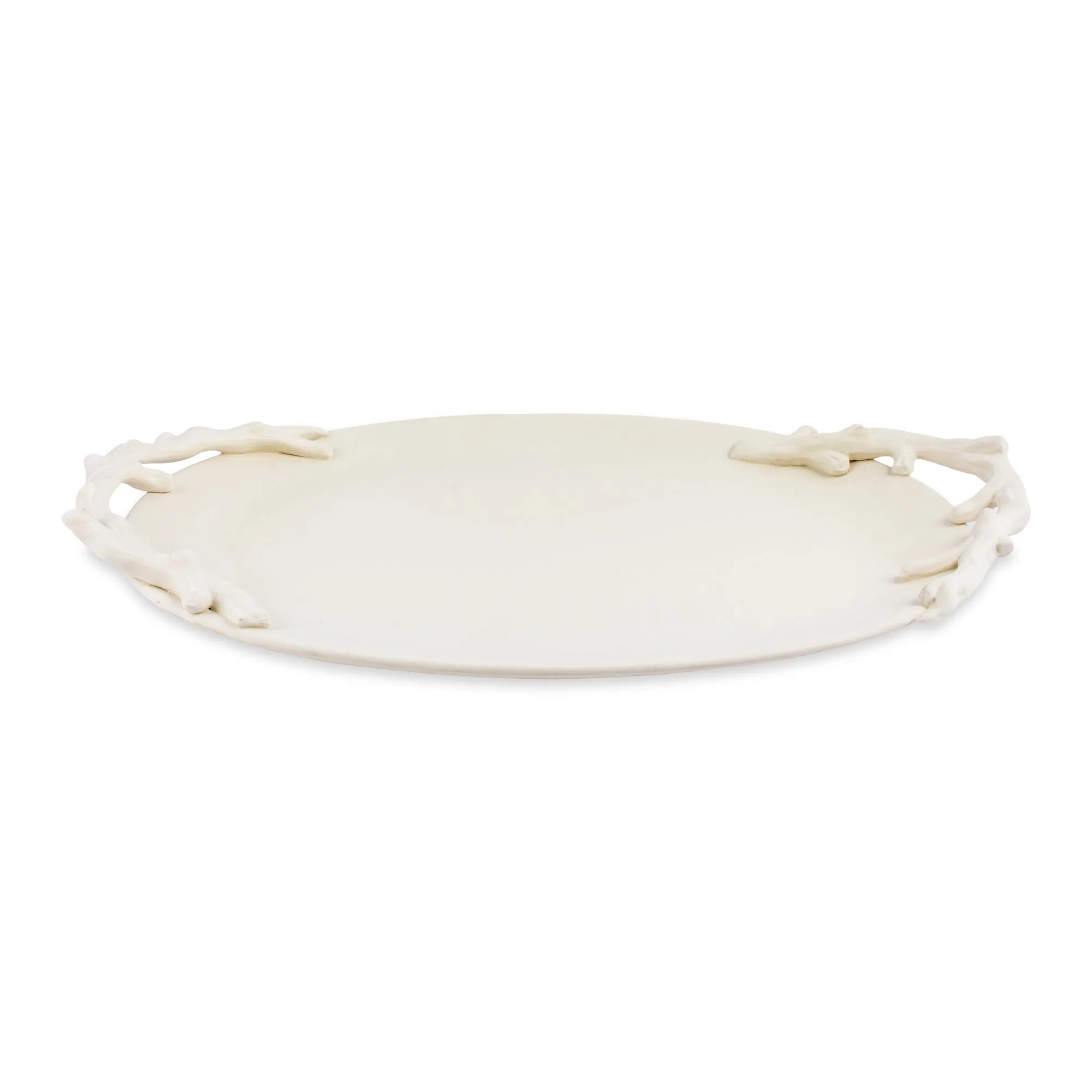 Ceramic Ovular Tray with Branch Handles in Matte Cream