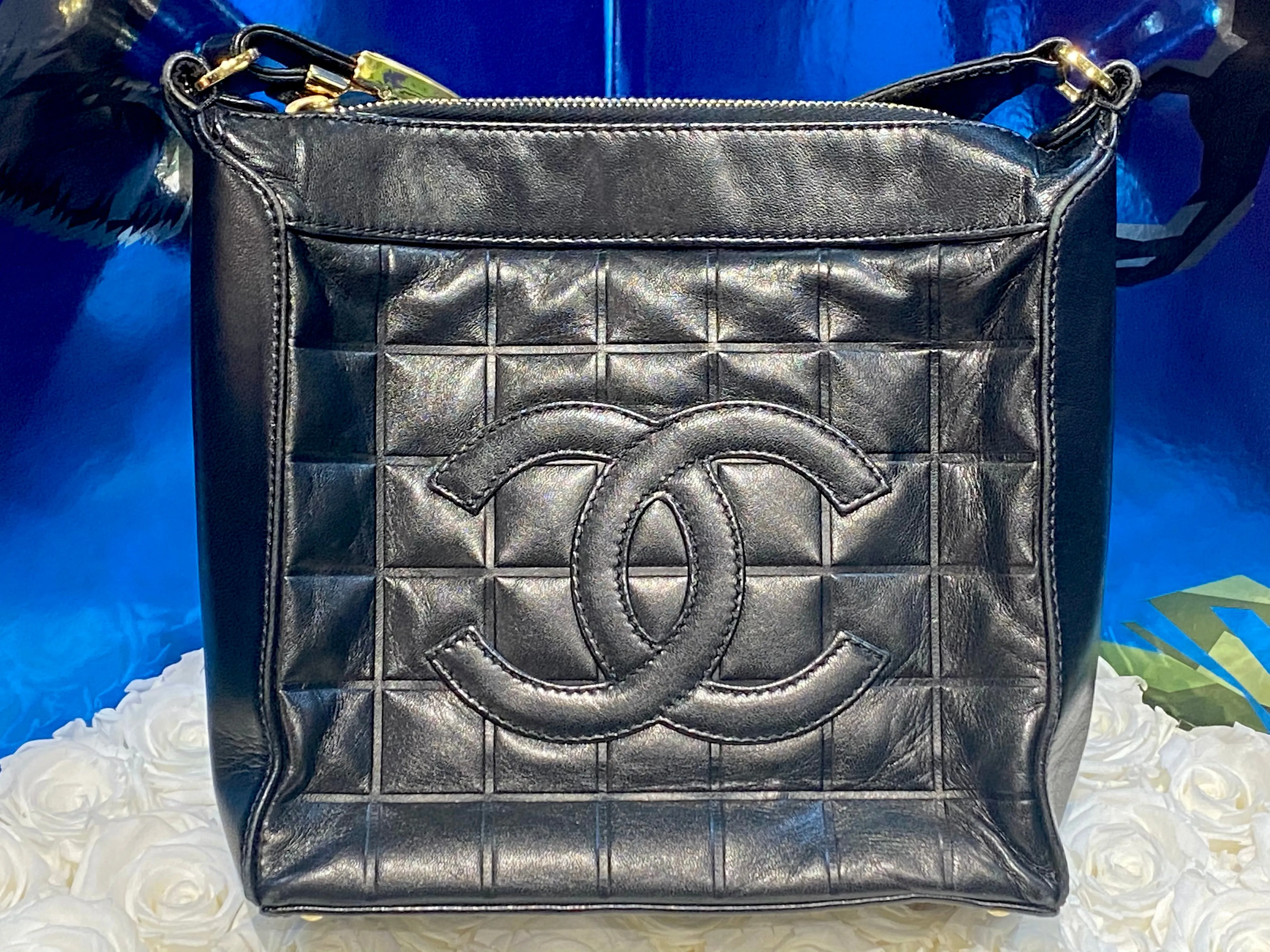 Chanel Black Leather "Chocolate Bar"  Bag with CC
