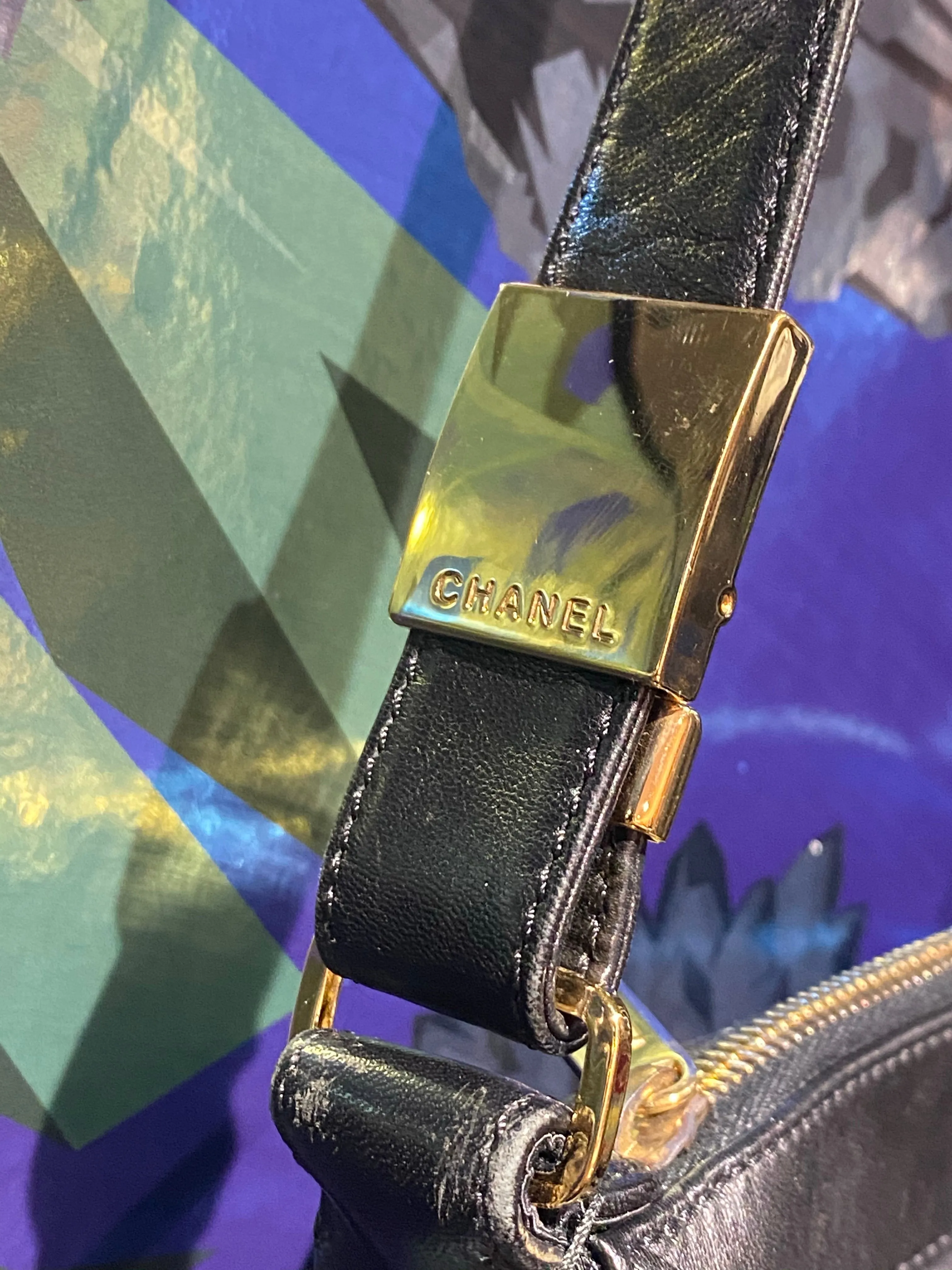 Chanel Black Leather "Chocolate Bar"  Bag with CC