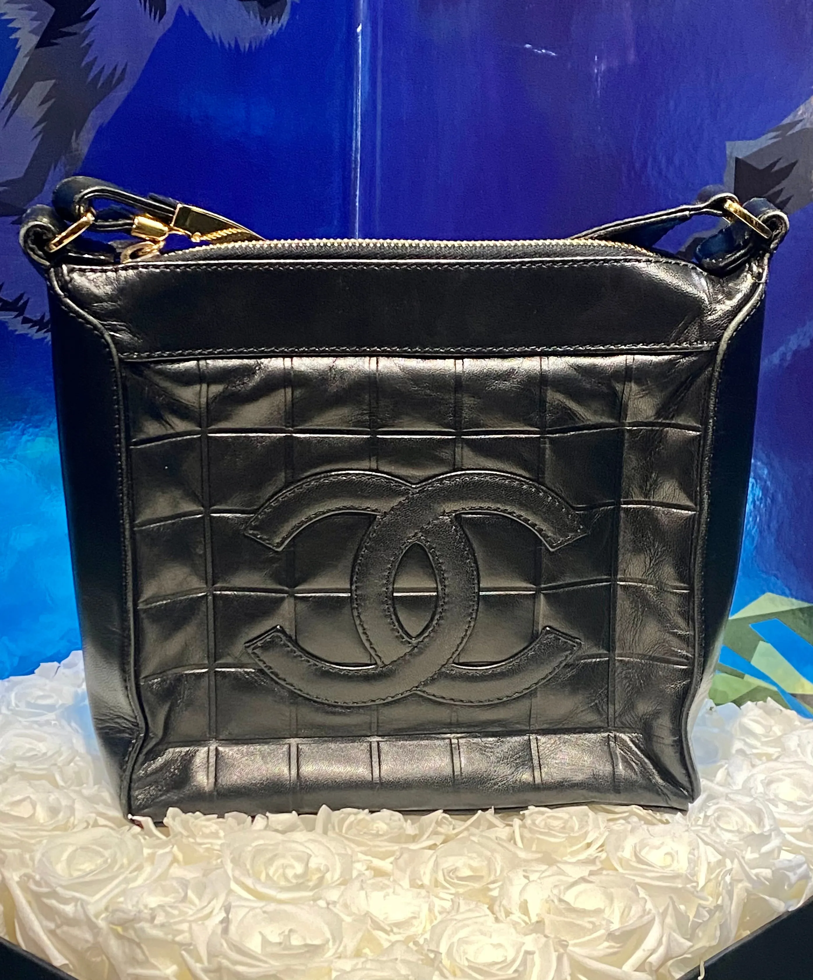 Chanel Black Leather "Chocolate Bar"  Bag with CC