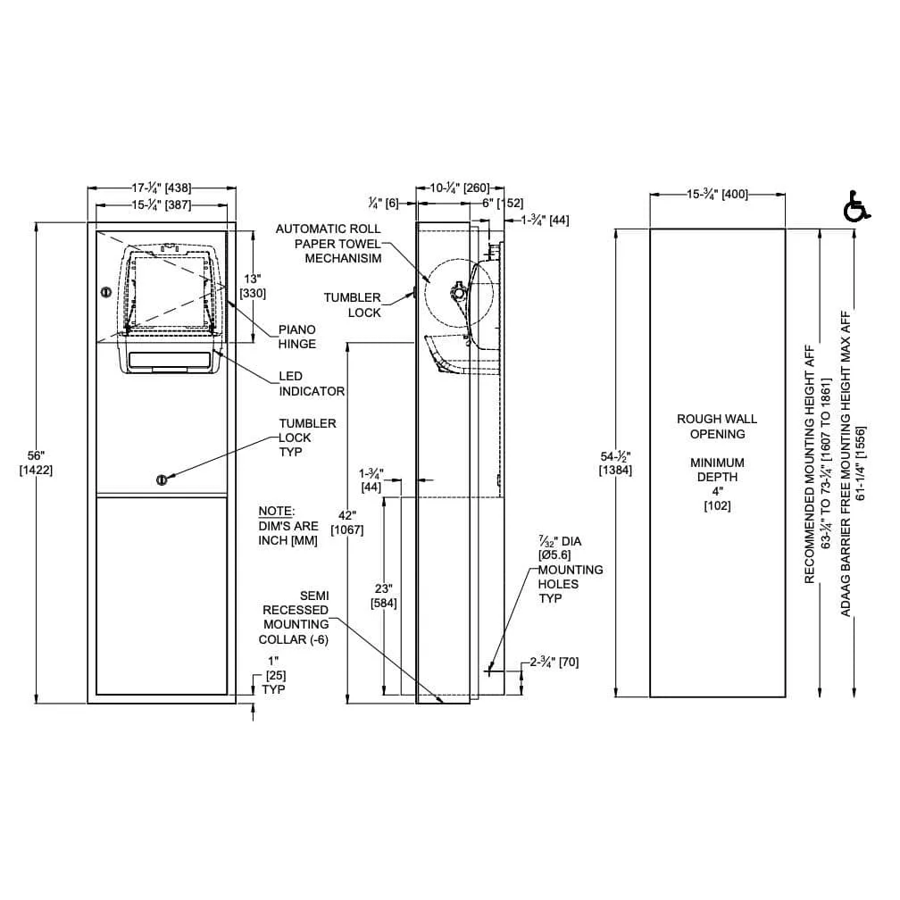 Combination Commercial Paper Towel Dispenser/Waste Receptacle, Semi-Recessed-Mounted, Stainless Steel ASI 04692A-6