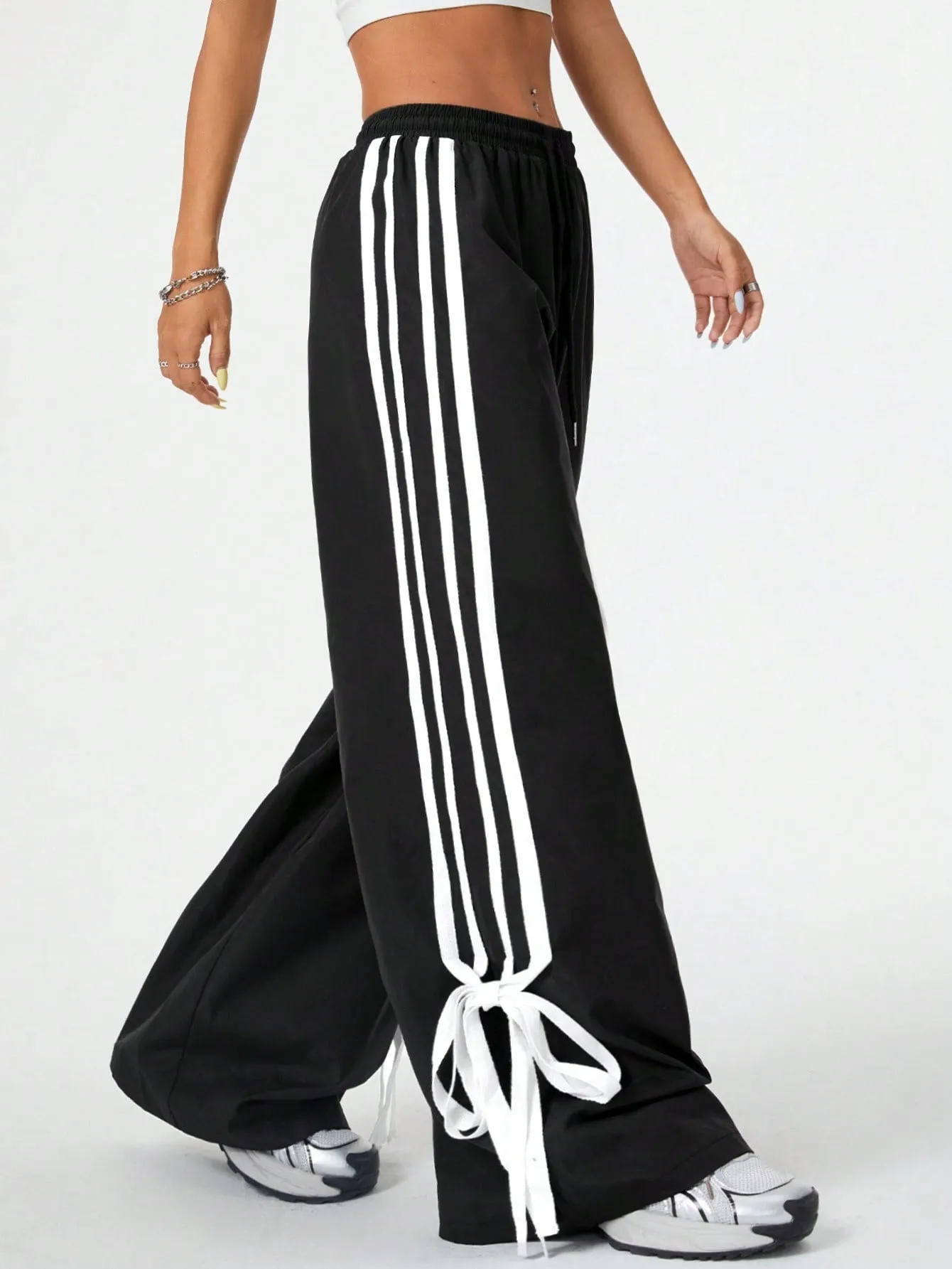 Coolane Street-Style Casual Women Spring/Summer Contrast Trim Tie-Waist Bowknot Long Pants