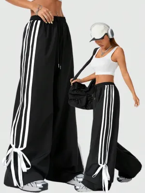 Coolane Street-Style Casual Women Spring/Summer Contrast Trim Tie-Waist Bowknot Long Pants