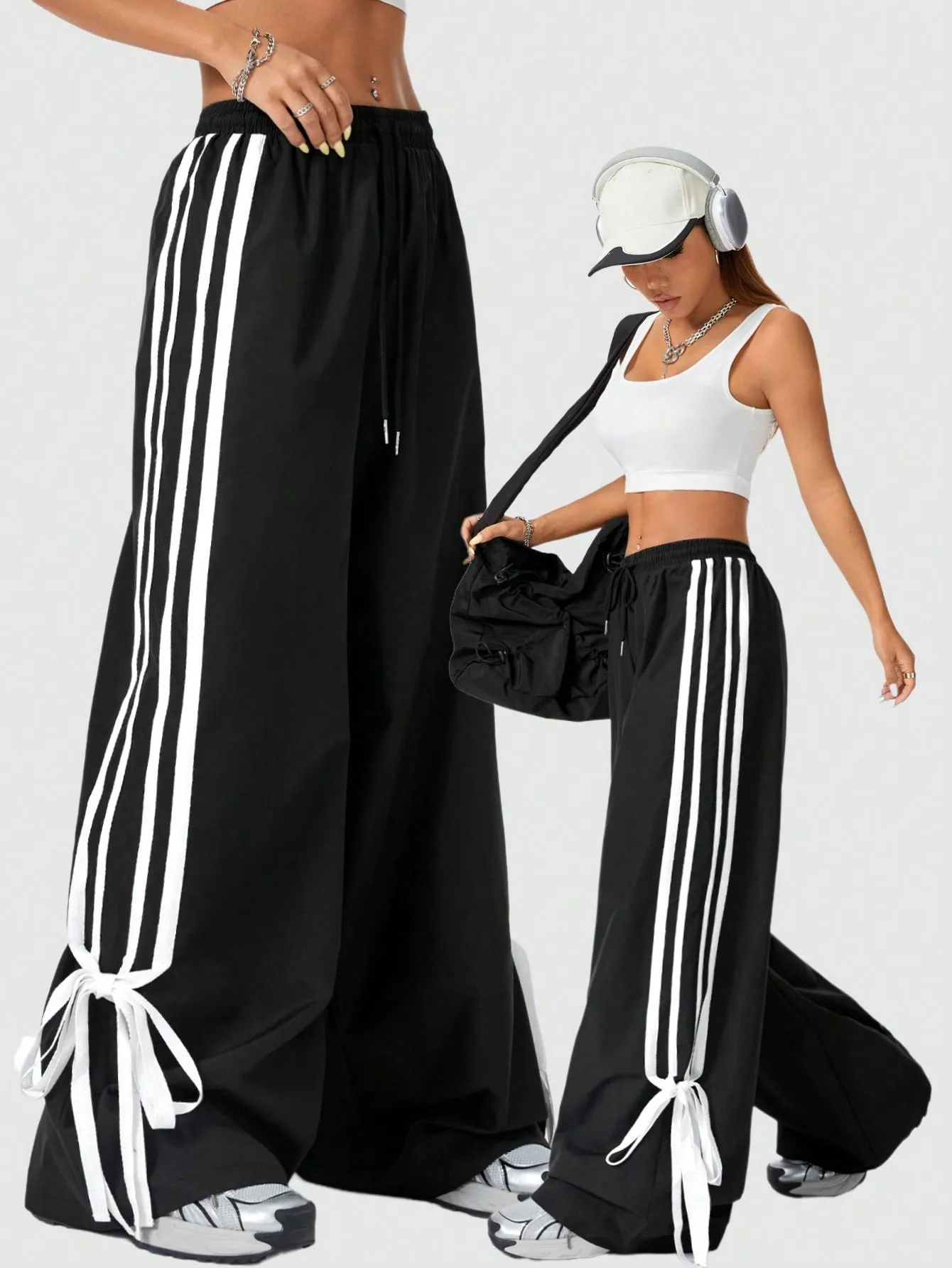 Coolane Street-Style Casual Women Spring/Summer Contrast Trim Tie-Waist Bowknot Long Pants