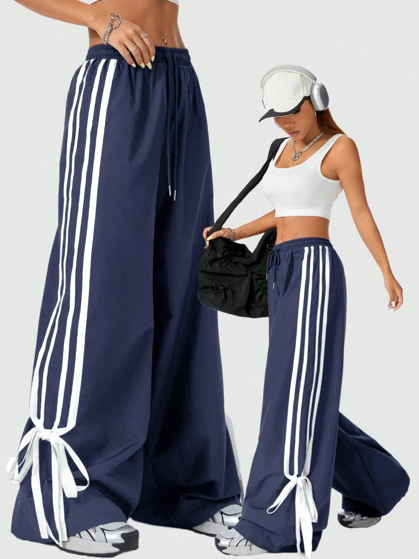 Coolane Street-Style Casual Women Spring/Summer Contrast Trim Tie-Waist Bowknot Long Pants