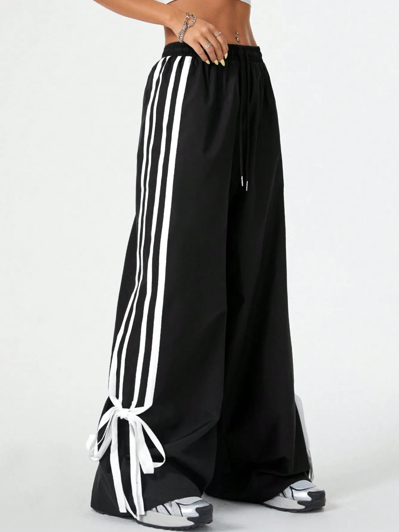Coolane Street-Style Casual Women Spring/Summer Contrast Trim Tie-Waist Bowknot Long Pants