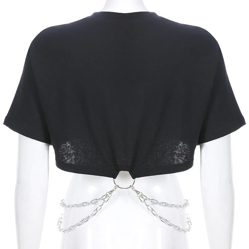 Cropped Rock T-shirt with Chains - Black