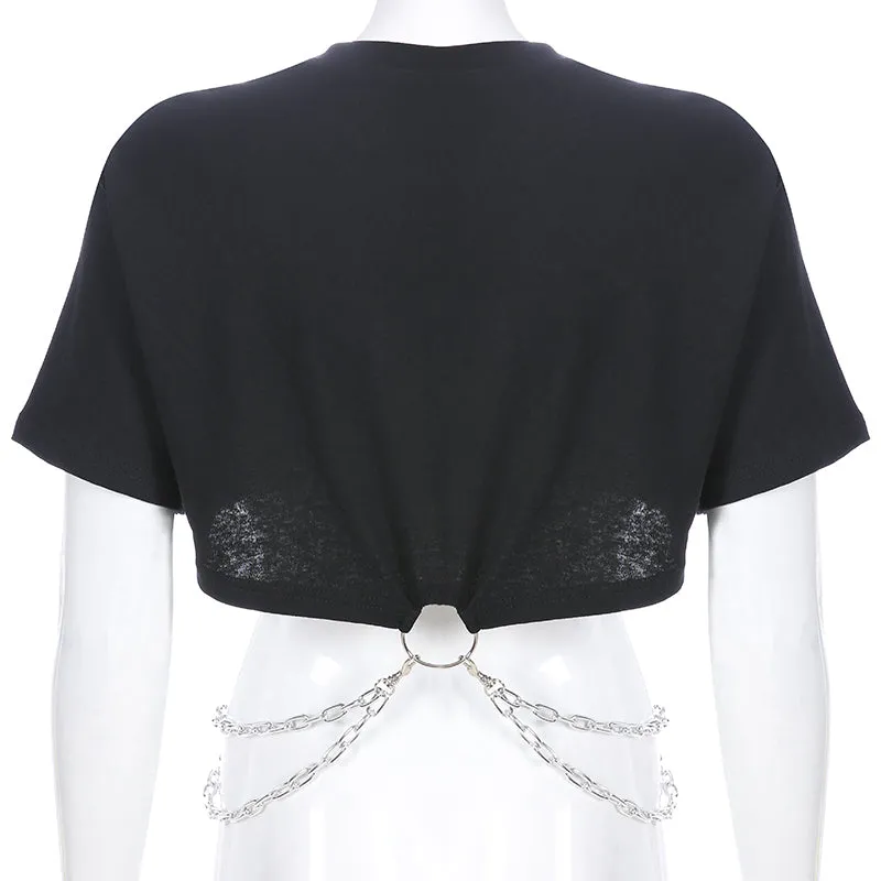 Cropped Rock T-shirt with Chains - Black