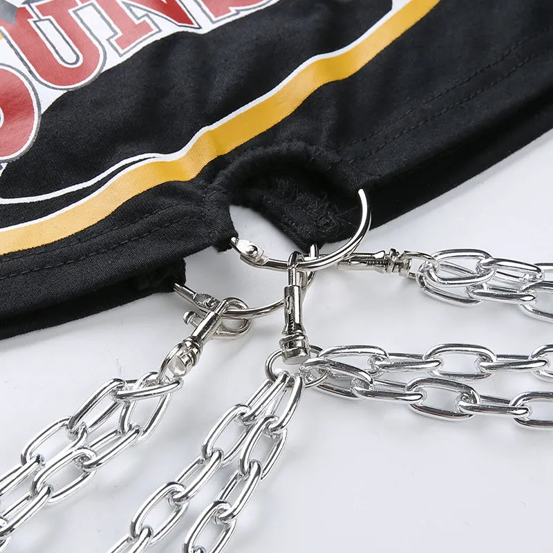 Cropped Rock T-shirt with Chains - Black