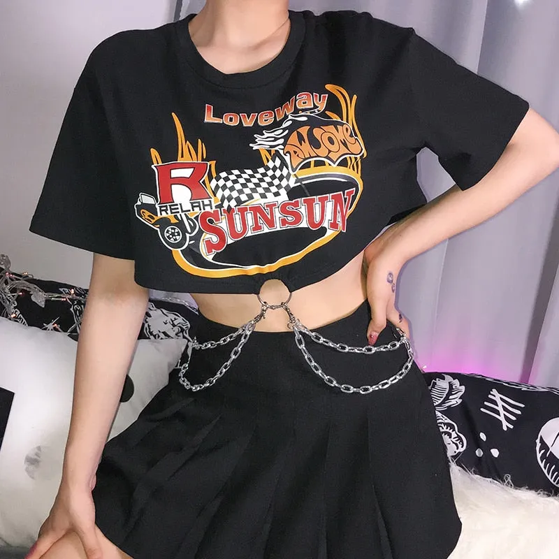 Cropped Rock T-shirt with Chains - Black