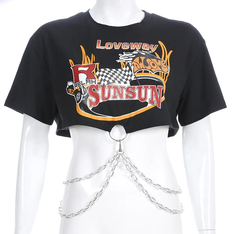 Cropped Rock T-shirt with Chains - Black