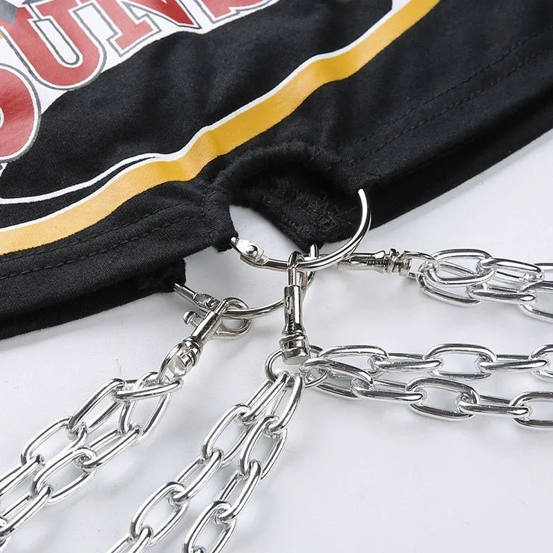Cropped Rock T-shirt with Chains - Black