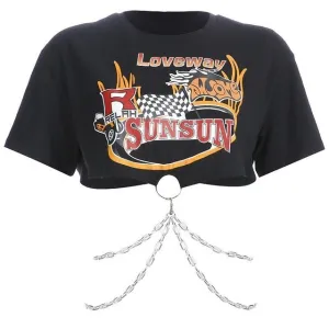 Cropped Rock T-shirt with Chains - Black