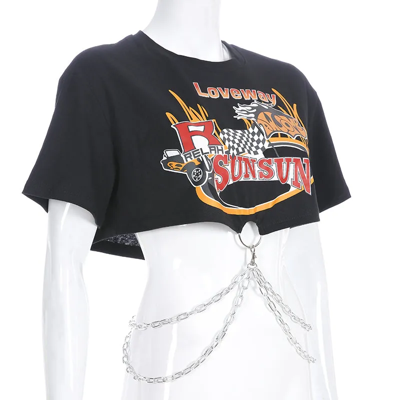 Cropped Rock T-shirt with Chains - Black