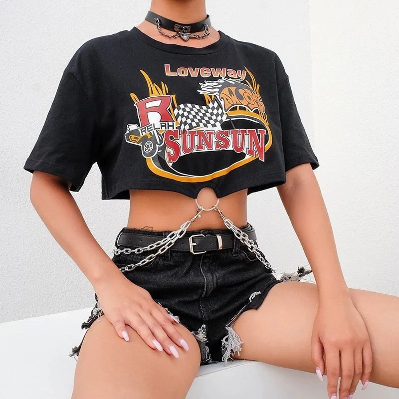 Cropped Rock T-shirt with Chains - Black