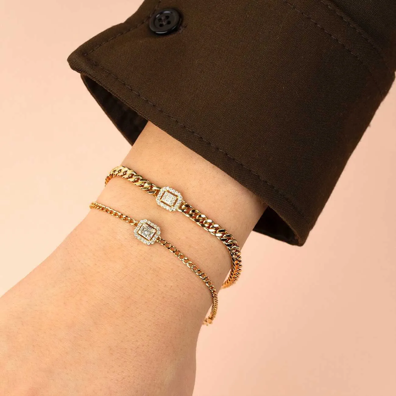 CZ Illusion Baguette Cuban Bracelet 14K