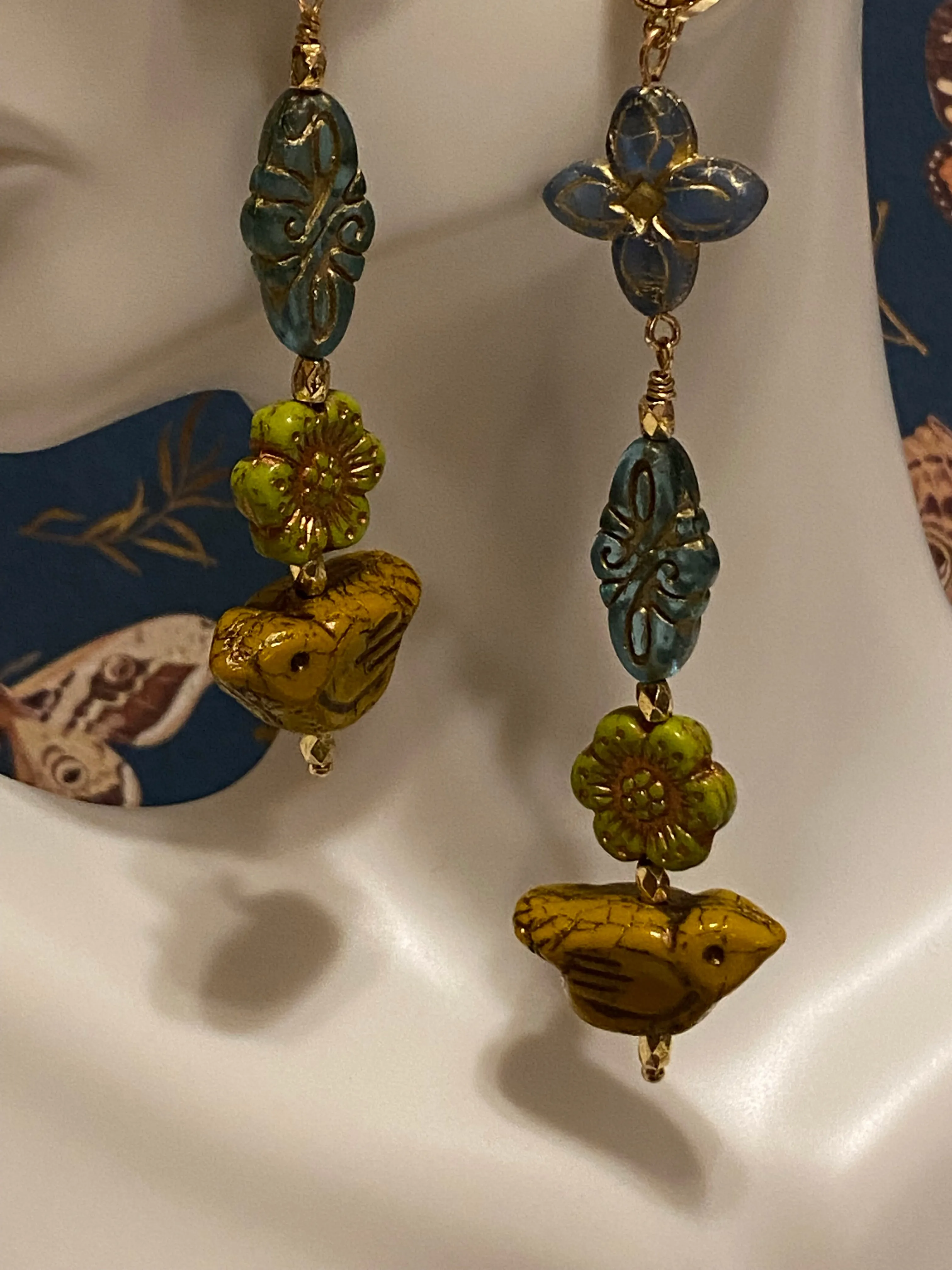 Czech boho dangle earrings; bohemian pierced gold earrings