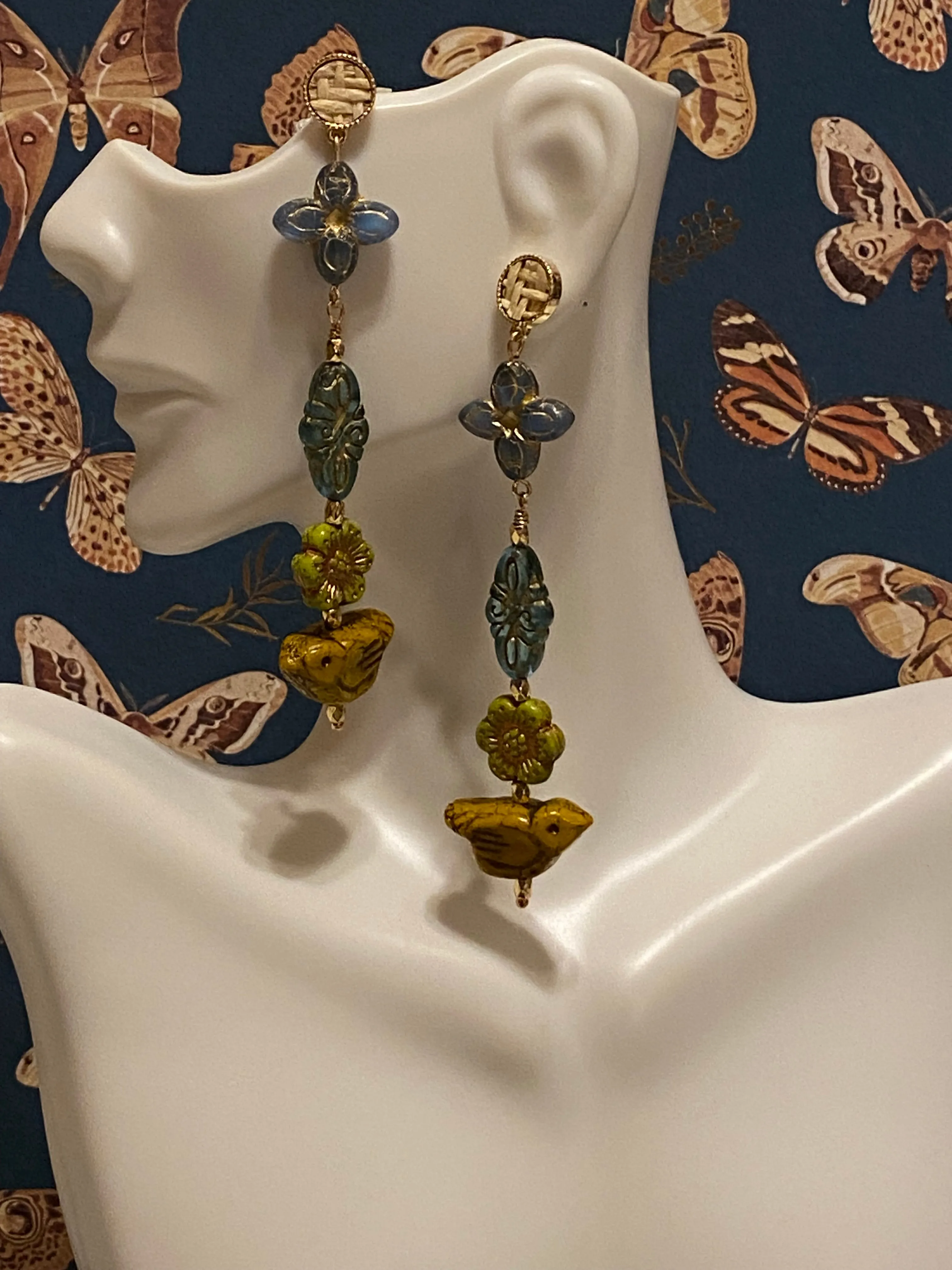 Czech boho dangle earrings; bohemian pierced gold earrings