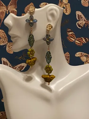 Czech boho dangle earrings; bohemian pierced gold earrings