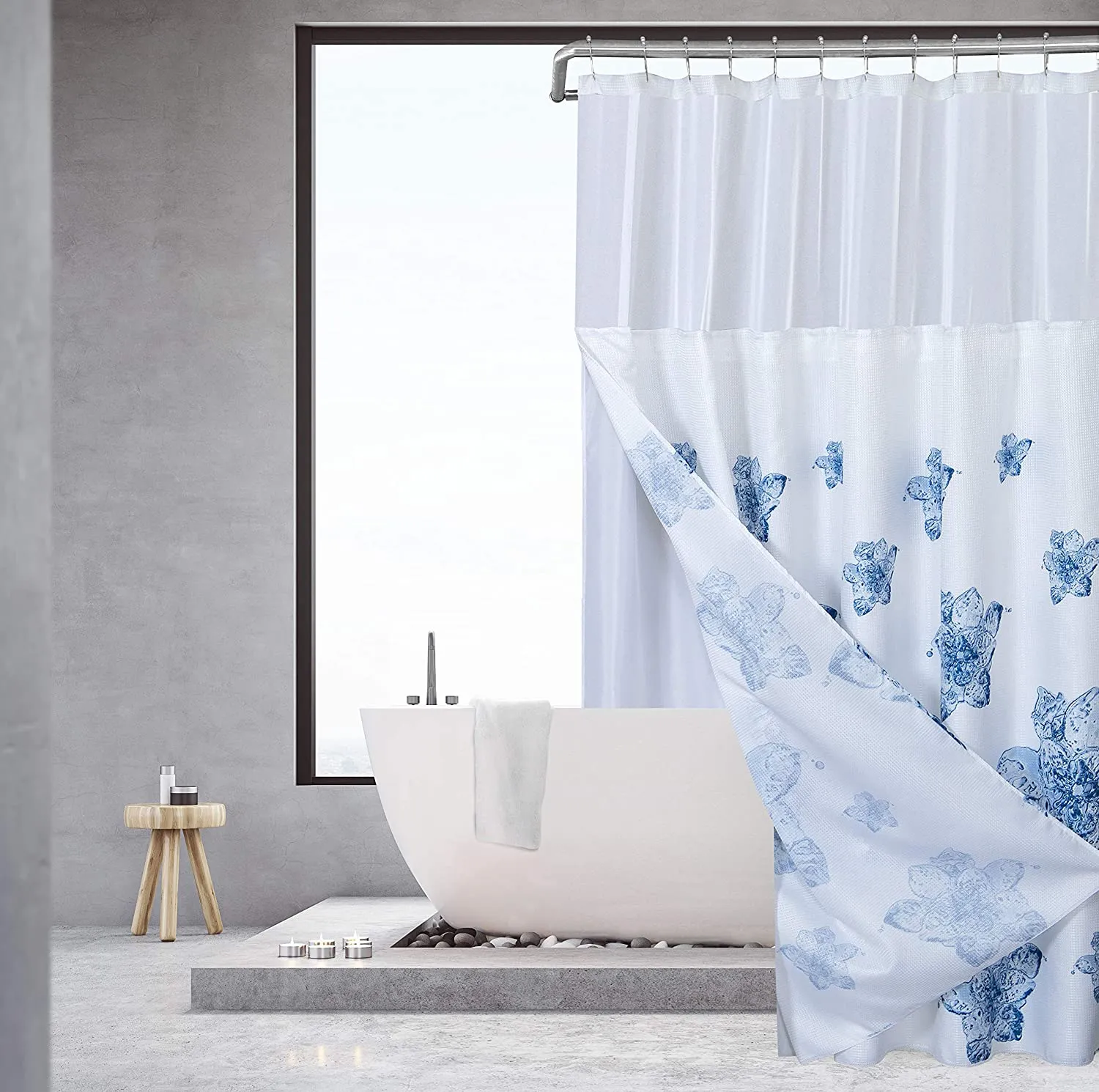 Dainty Home Smart Design Complete 2 in 1 Waffle Weave Hotel Spa Style Fabric Shower Curtain Snap On/Off Waterproof Detachable Liner Set