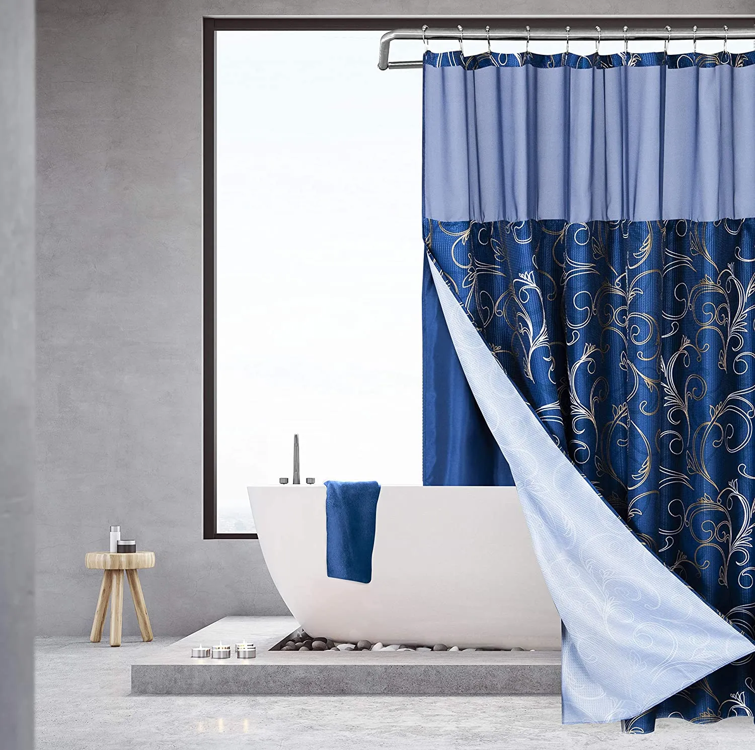 Dainty Home Smart Design Complete 2 in 1 Waffle Weave Hotel Spa Style Fabric Shower Curtain Snap On/Off Waterproof Detachable Liner Set