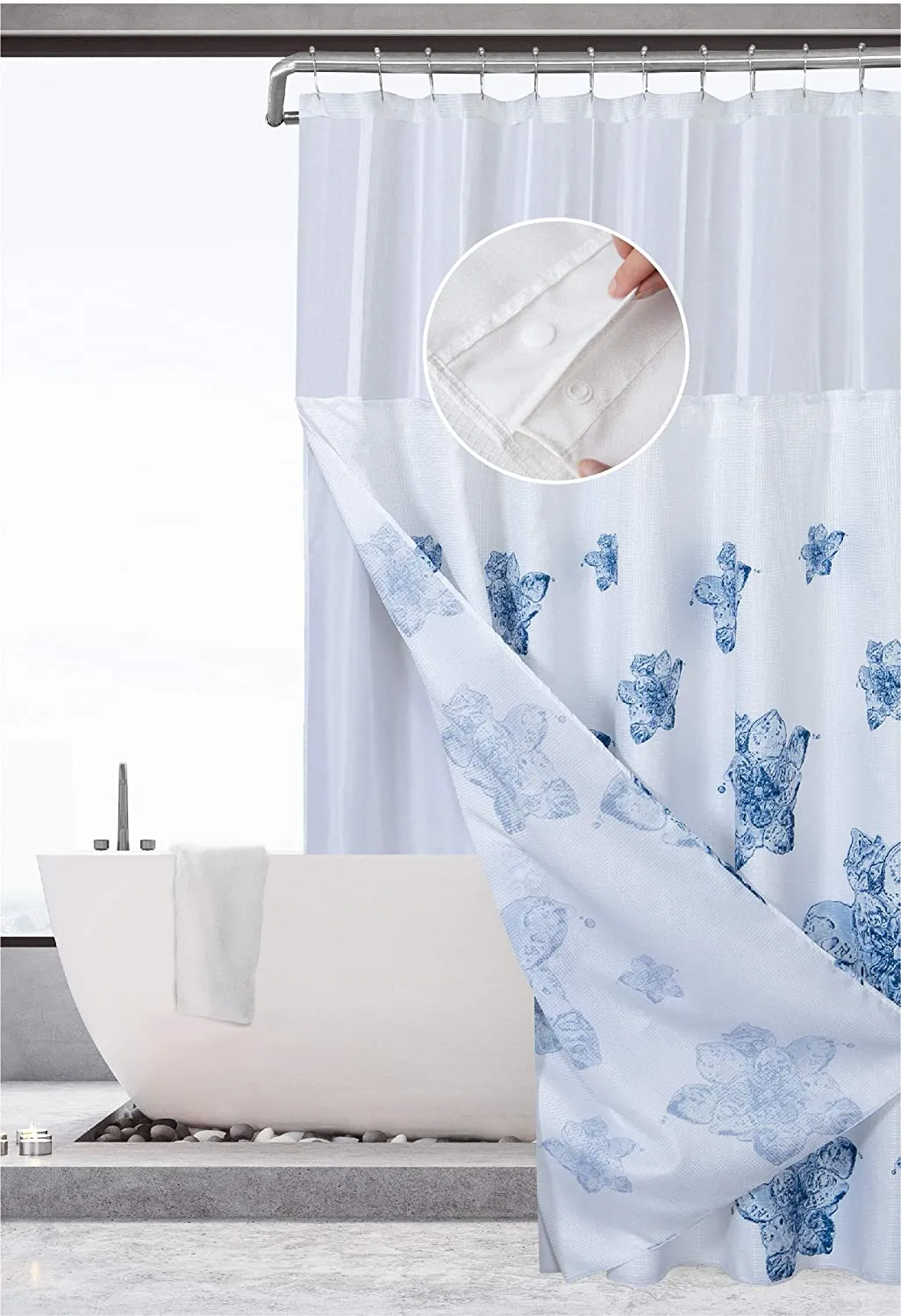 Dainty Home Smart Design Complete 2 in 1 Waffle Weave Hotel Spa Style Fabric Shower Curtain Snap On/Off Waterproof Detachable Liner Set