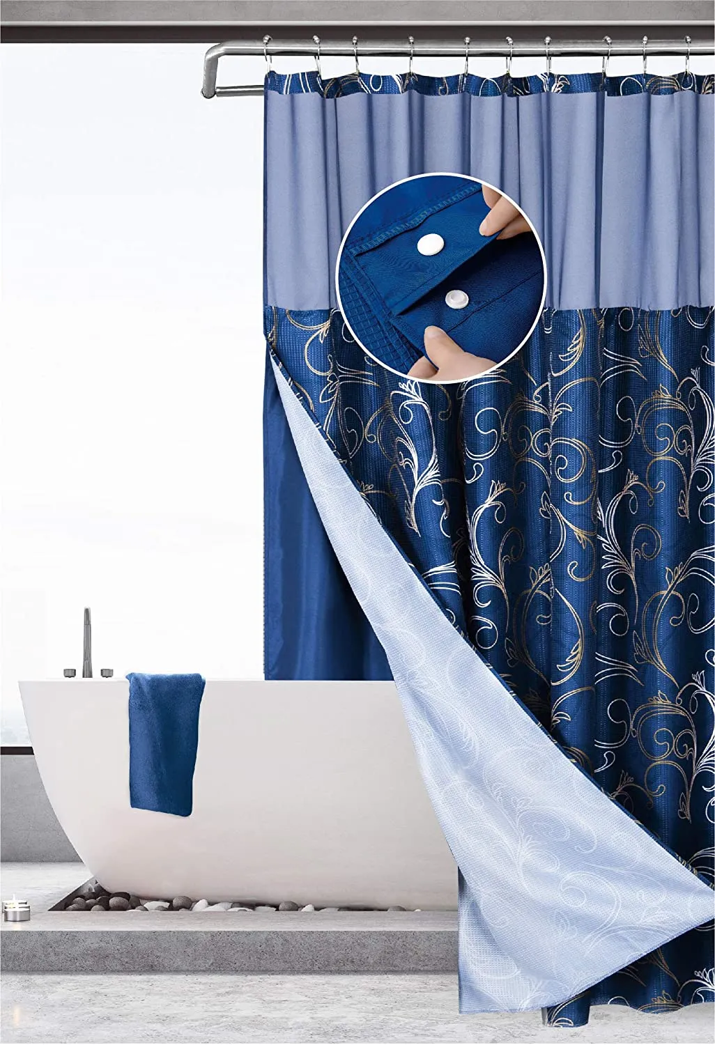 Dainty Home Smart Design Complete 2 in 1 Waffle Weave Hotel Spa Style Fabric Shower Curtain Snap On/Off Waterproof Detachable Liner Set