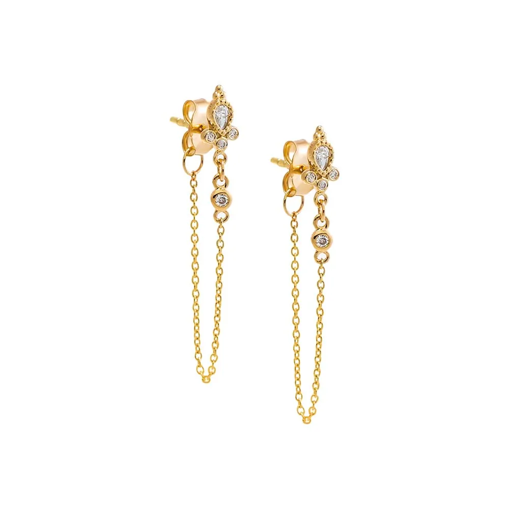 Diamond Bohemian Front Back Chain Stud Earring 14K