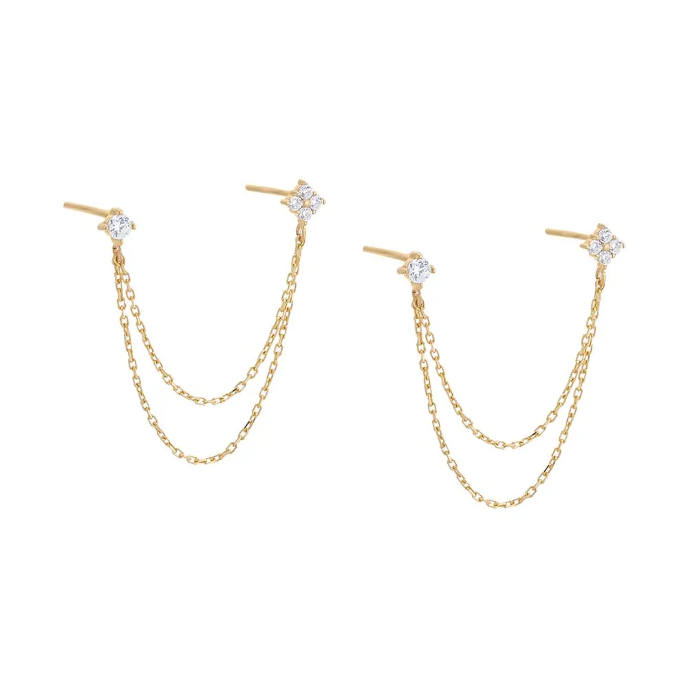 Double Flower Chain Stud Earring 14K