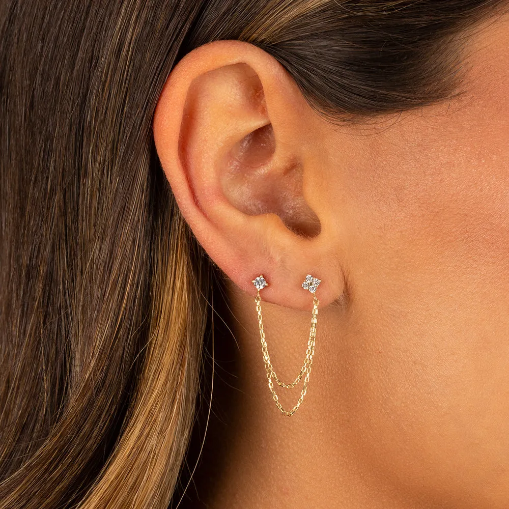 Double Flower Chain Stud Earring 14K