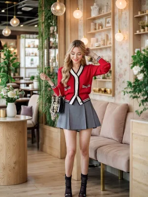 Elegant Red Cardigan with Black & Ivory Accents