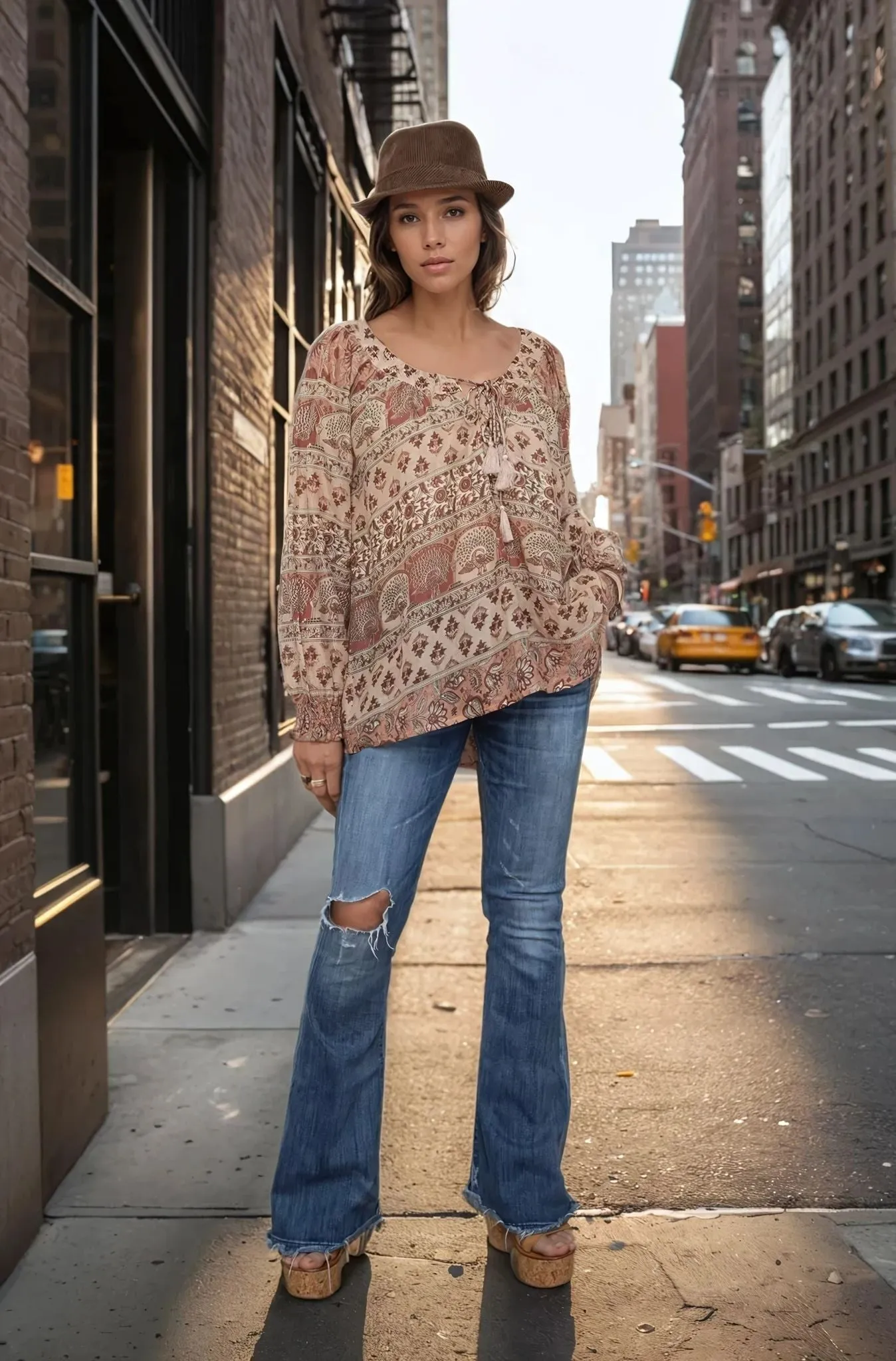 Ella Printed Blouse Long Sleeves Beige